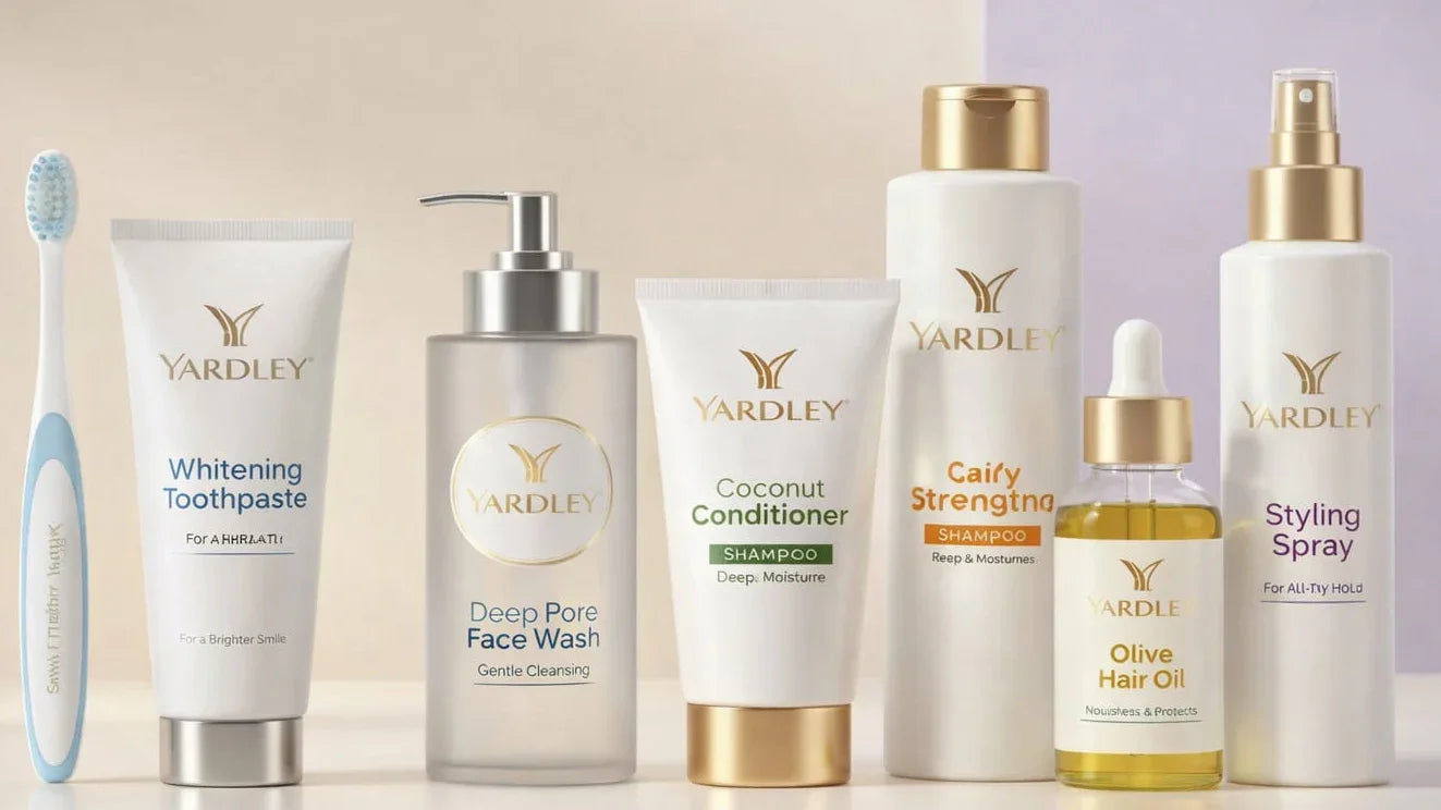Yardley skincare and haircare products including face wash, toothpaste, shampoo, conditioner, hair oil, and styling spray