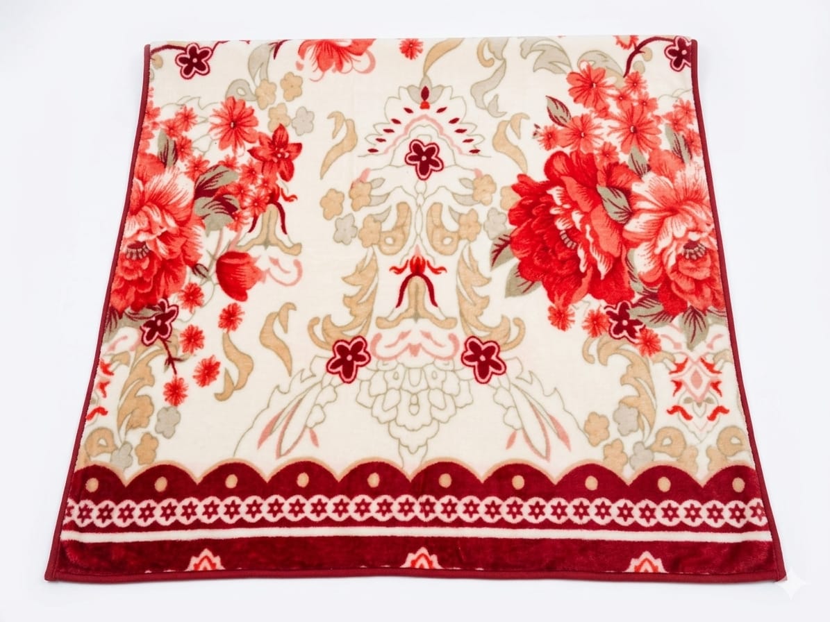 Soft premium AC blanket by Mughalia, shown draped over a bed with plush fabric and intricate design details.