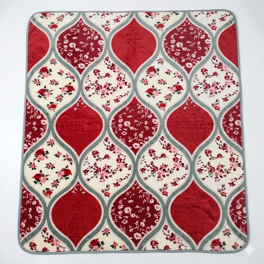 Mughalia luxury all-season AC fleece blanket draped over a bed, showcasing its soft, plush fabric and elegant design.
