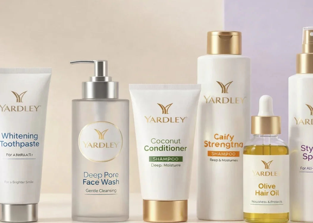 Yardley skincare and haircare products including face wash, conditioner, shampoo, and olive hair oil