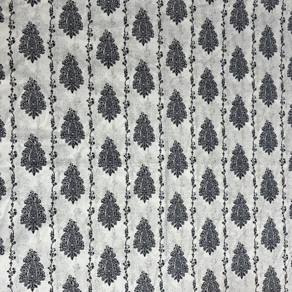 Elegant black and white paisley patterned fabric with vertical floral accents