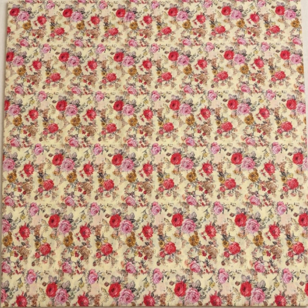 Cream floral fabric with pink and red roses, vintage-style print for home decor or crafting