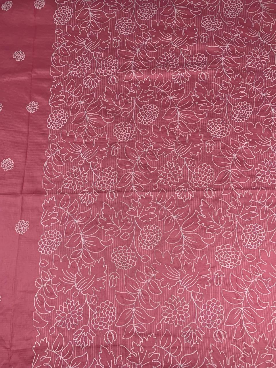 Pink lawn fabric with white floral embroidery, ideal for designer unstitched suits