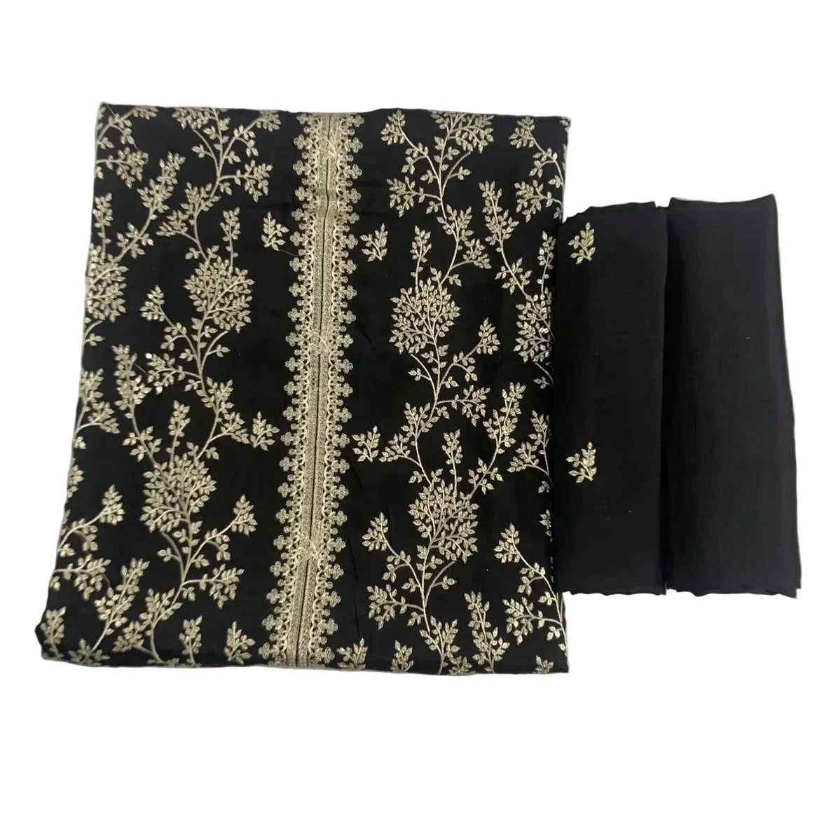 Black lawn suit with gold floral embroidery, unstitched designer ladies suit set