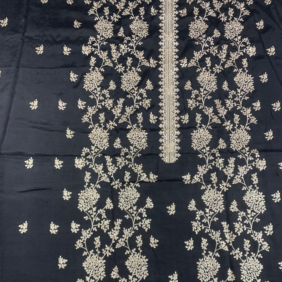 Black lawn suit with intricate cream floral embroidery, premium unstitched designer clothing
