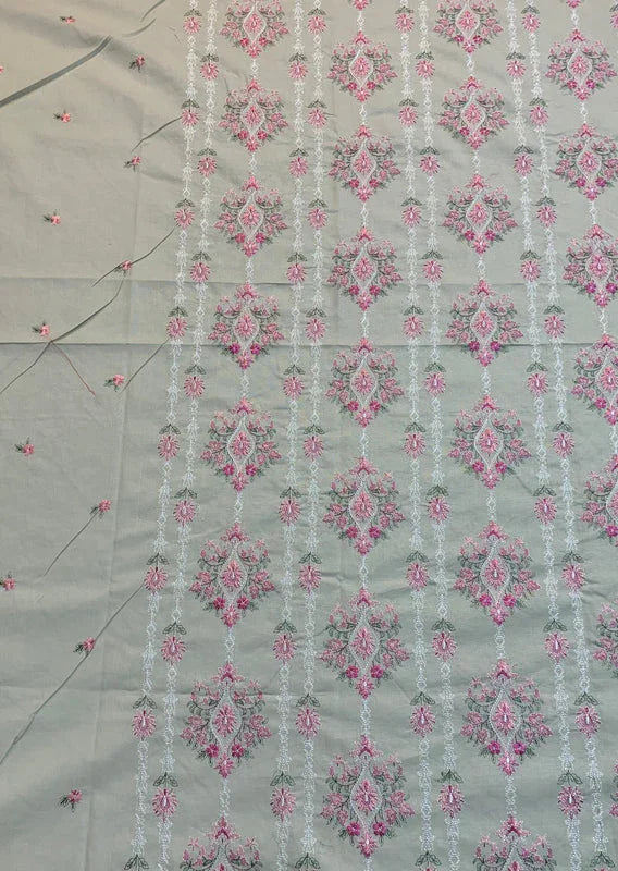 Light gray lawn fabric with pink and white floral embroidery, ideal for designer ladies suits