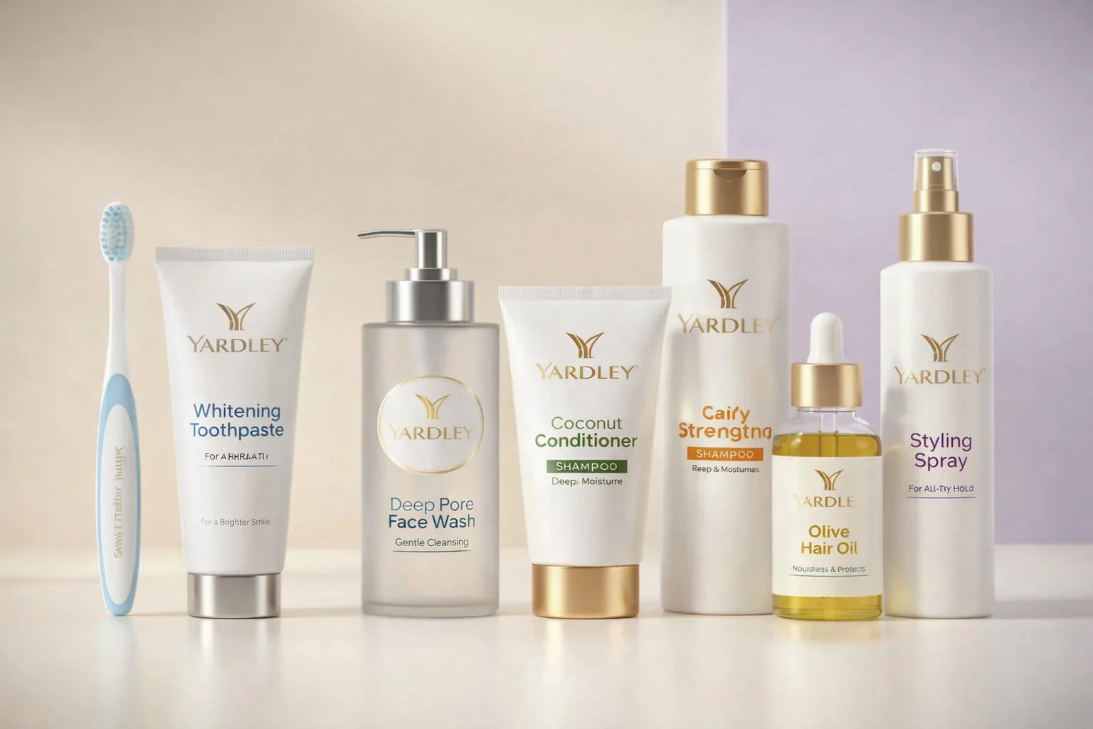 Yardley skincare and haircare collection with toothpaste, face wash, conditioner, shampoo, hair oil, and styling spray