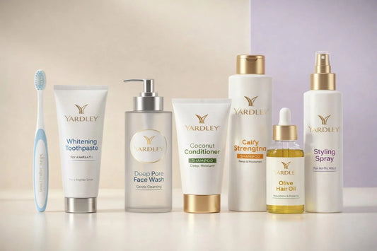 Yardley skincare and haircare collection with toothpaste, face wash, conditioner, shampoo, hair oil, and styling spray