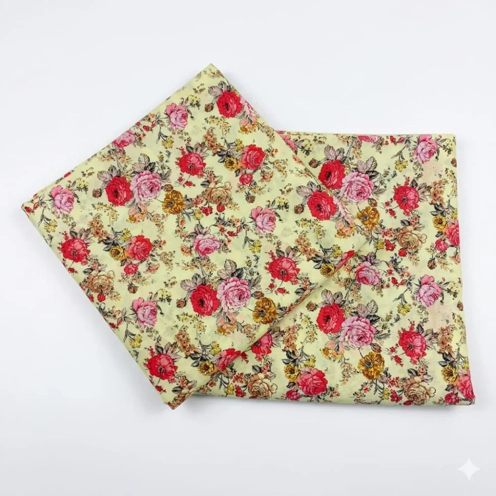 Floral print fabric with red pink roses on cream background, ideal for sewing and crafts