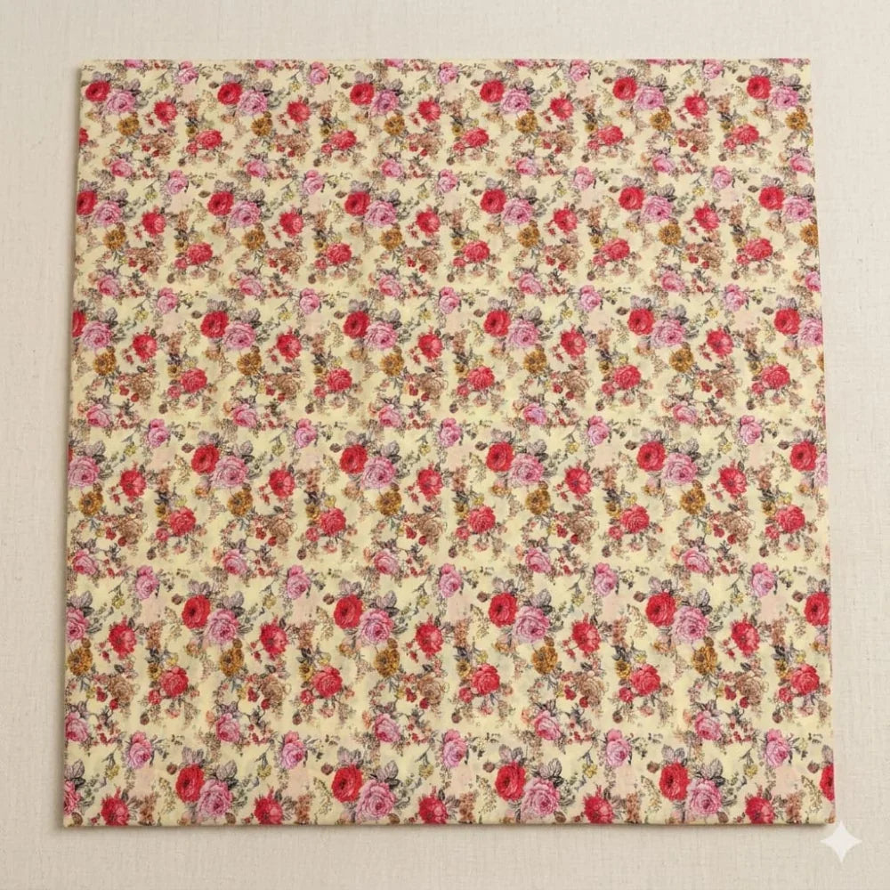 Vintage floral fabric with red and pink roses on cream background, ideal for quilting and sewing projects