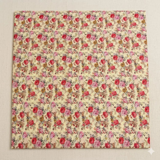 Vintage floral fabric with red and pink roses on cream background, ideal for quilting and sewing projects