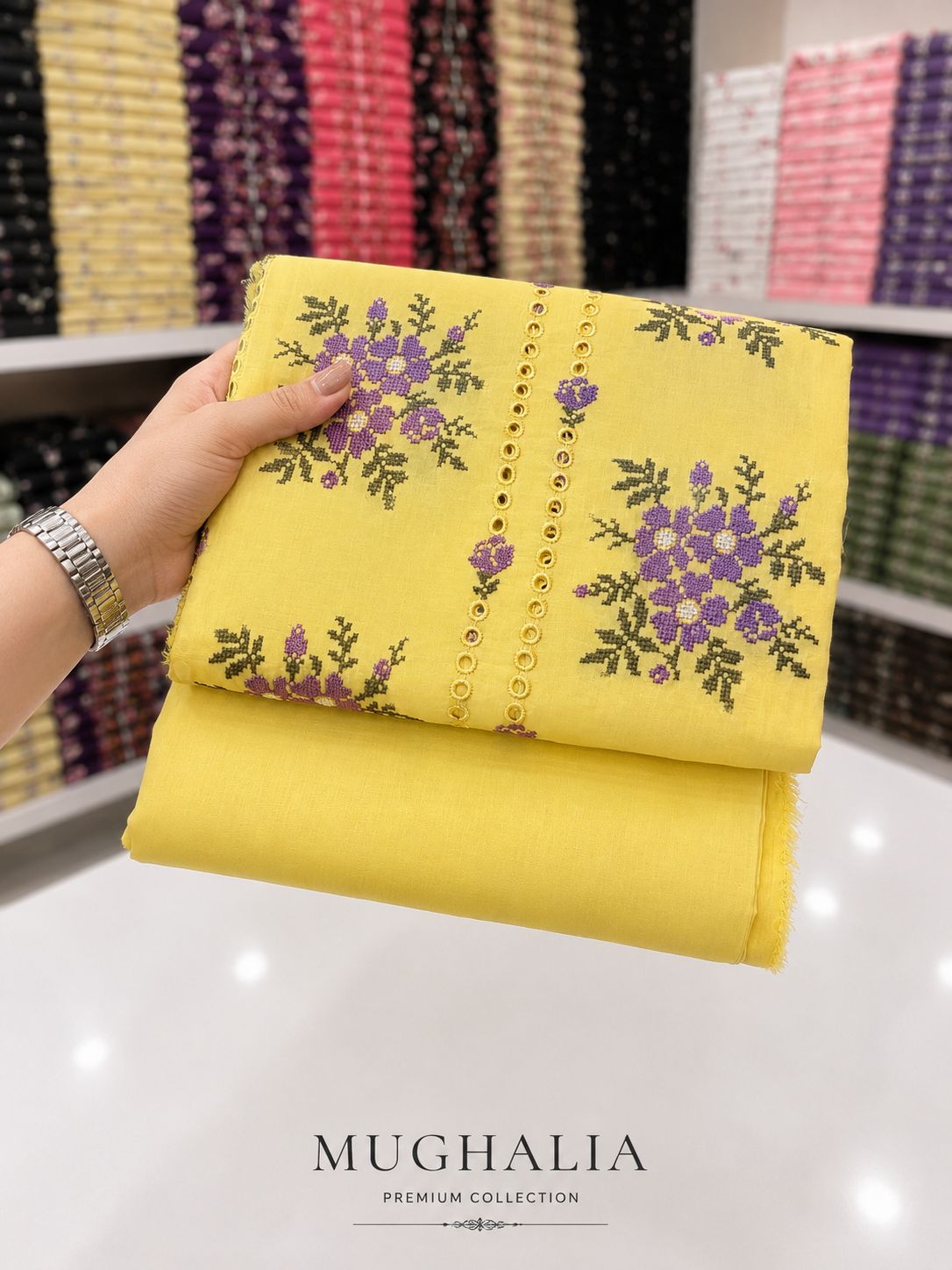 Mughalia Premium Unstitched 2-piece fabric set with intricate Mughal-inspired patterns, ideal for traditional garment tailoring.