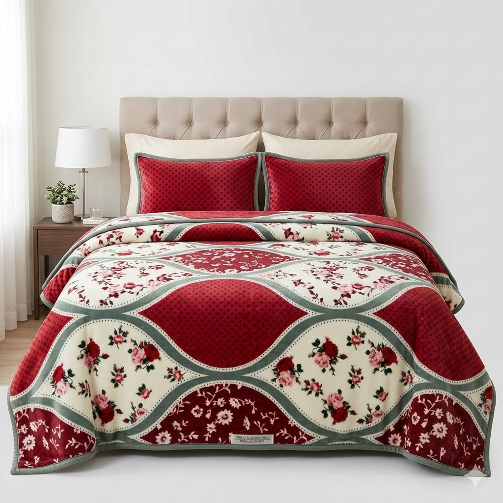 Mughalia luxury all-season AC fleece blanket in soft fabric, shown folded with a cozy texture and elegant design.