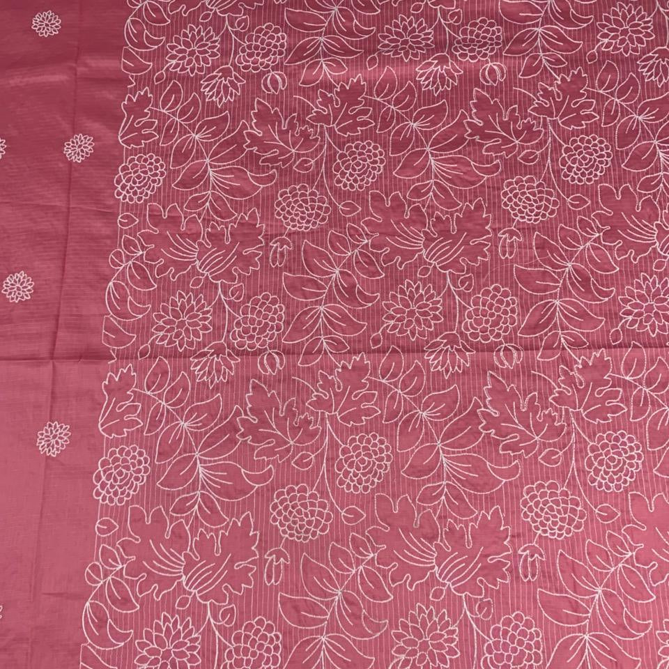 Pink lawn fabric with white floral embroidery, ideal for designer unstitched suits and premium clothing.