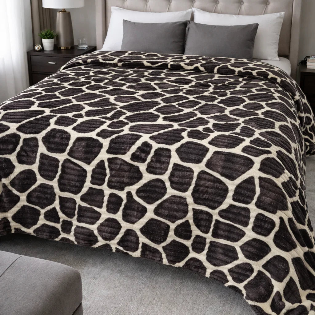 Giraffe print plush comforter on bed in modern bedroom with gray accents