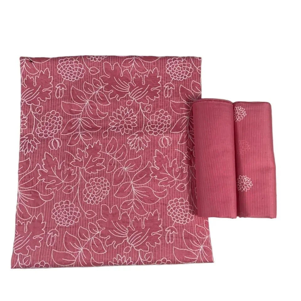 Pink floral lawn fabric set with white embroidery, ideal for unstitched suits and designer wear