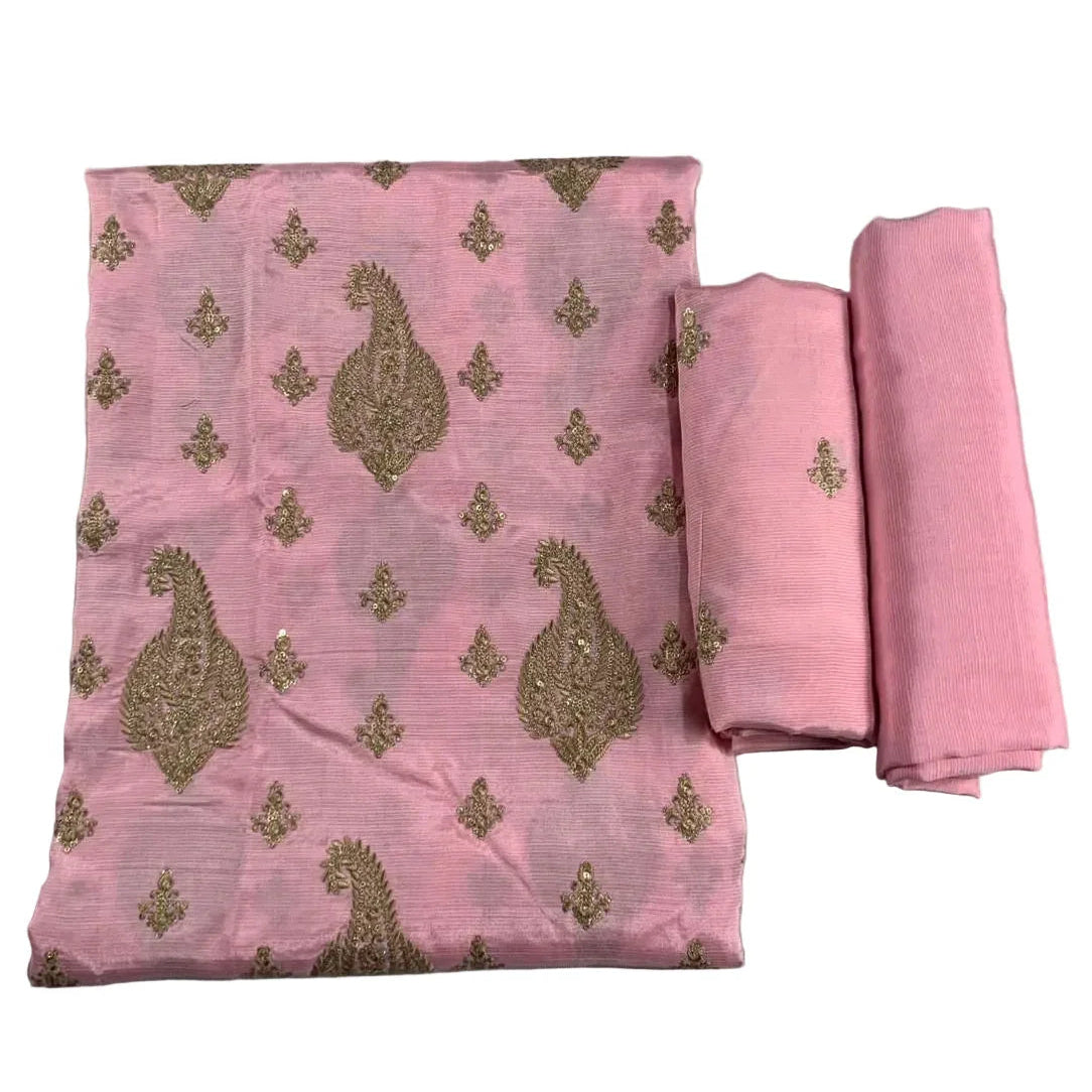 Pink lawn suit with gold paisley embroidery, unstitched designer fabric set
